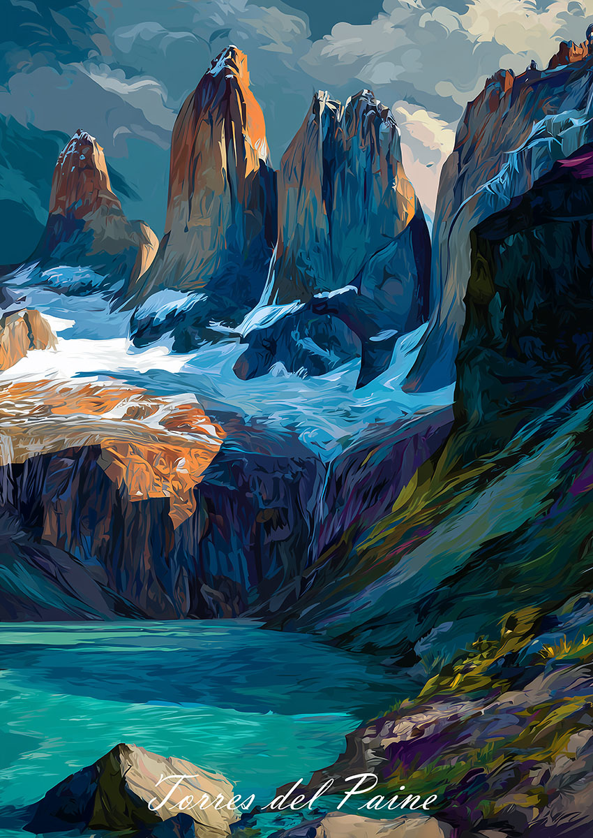 Stunning landscape artwork of Torres del Paine with mountain peaks and turquoise lake